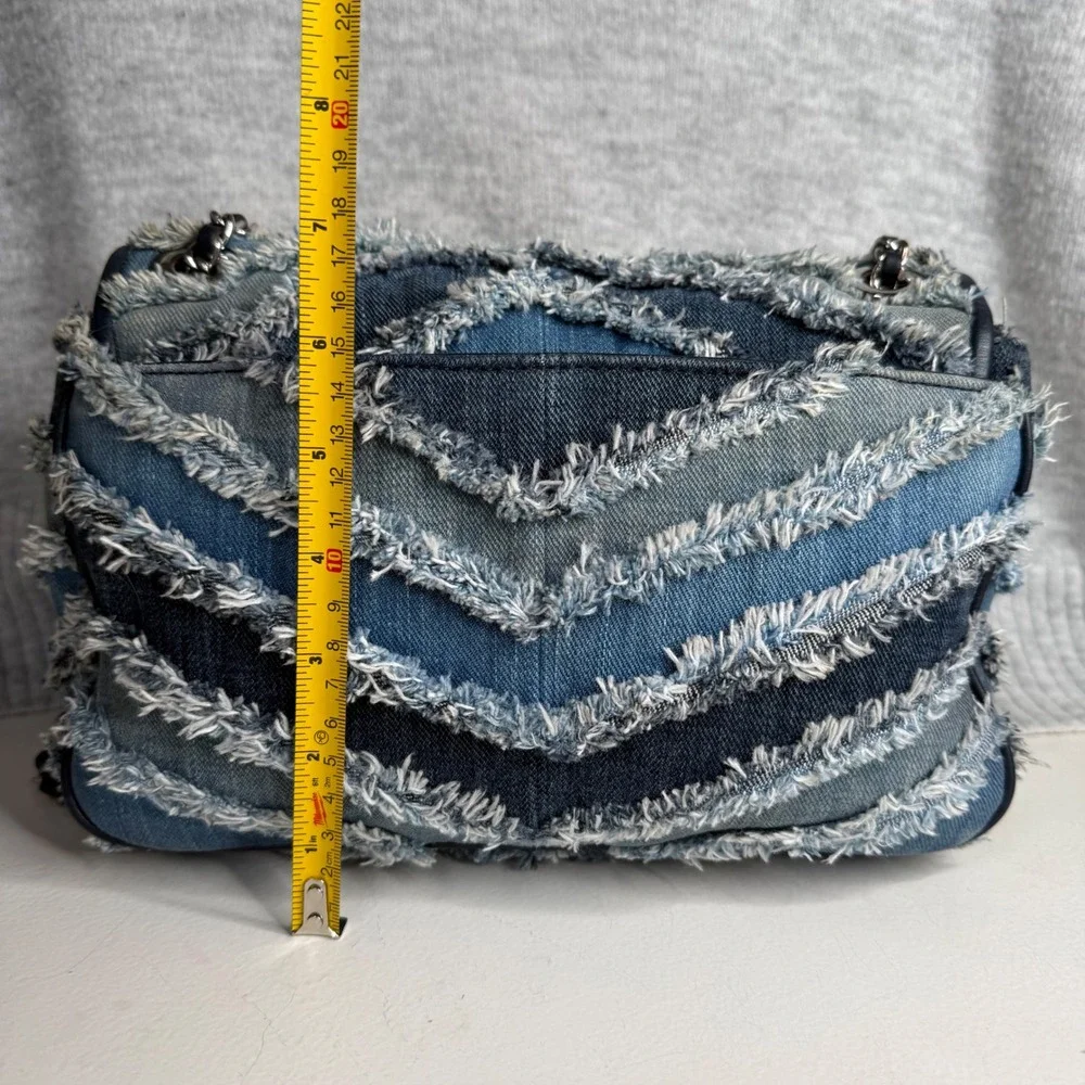 Michael Kors Sloan Large Denim Patchwork Frayed Chevron Shoulder Bag Blue Silver - Picture 3 of 15